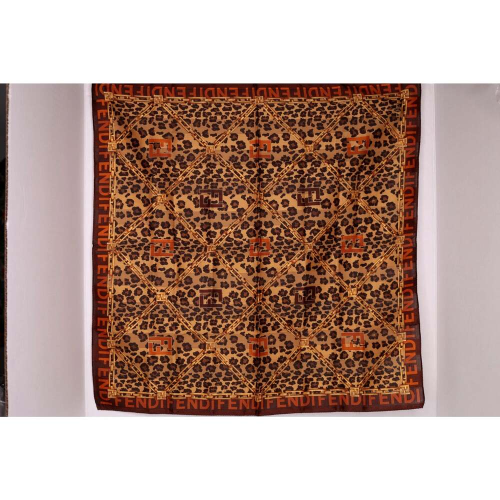 Fendi FF Logo Leopard & Chain Print Square Scarf Brown Gold 22”